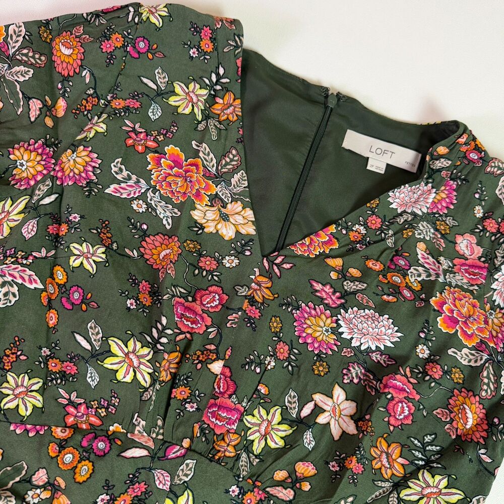 Loft Country Garden Floral Green Puff Sleeve V-Neck Mini Summer Dress 2P